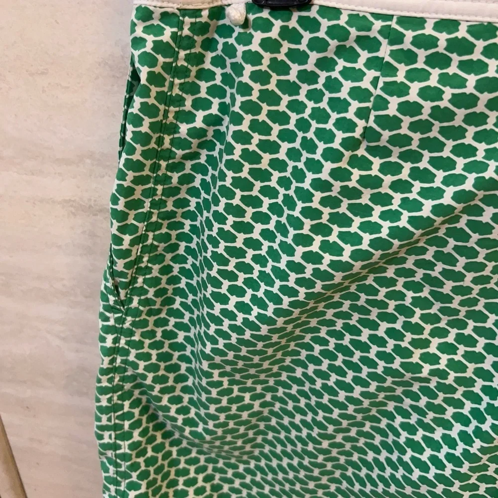 J.Crew Men's Swim Trunks in a green and white geometric print.